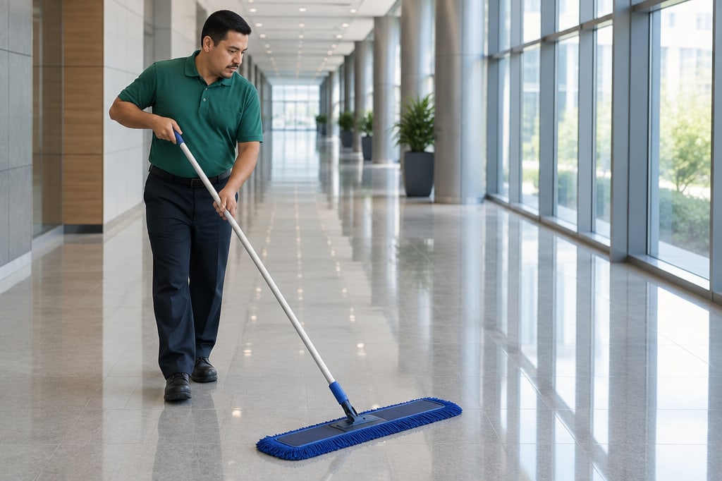 Cleaning professional dust-mopping a polished corridor
